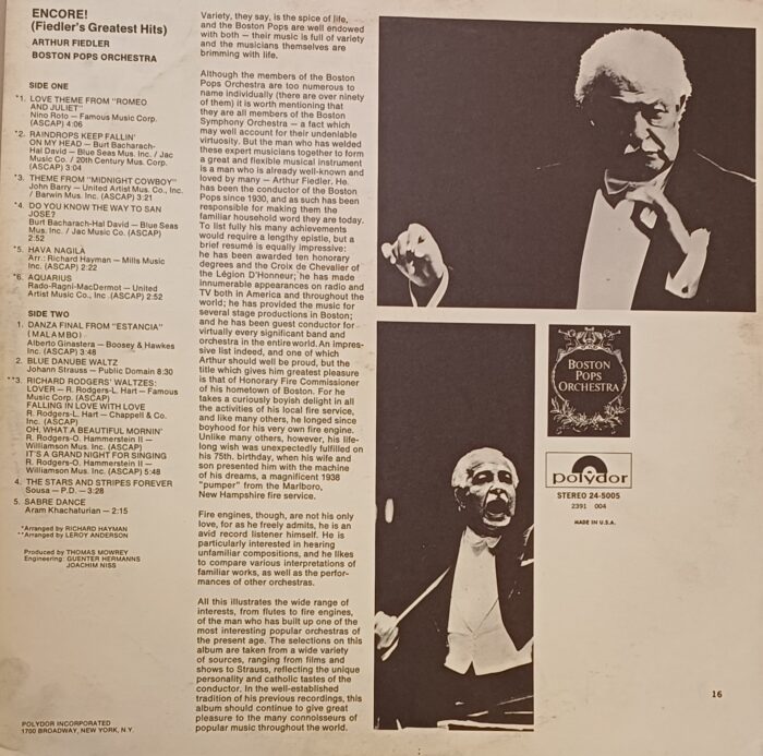 Arthur Fielder. Boston Pops Orchestra Encore (fielder's Greatest Hits) - Image 2