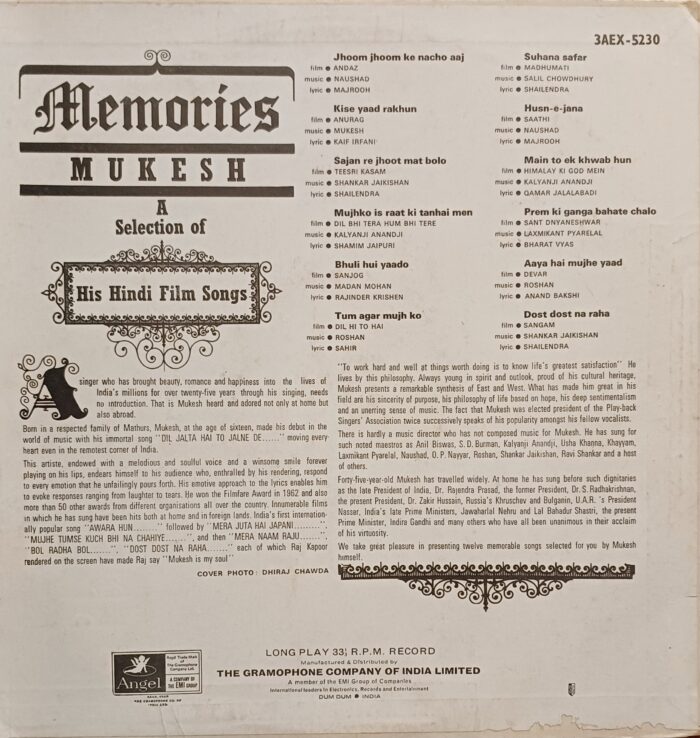 MEMORIES MUKESH - A SELECTION OF HIS HINDI FILM SONGS - Image 2