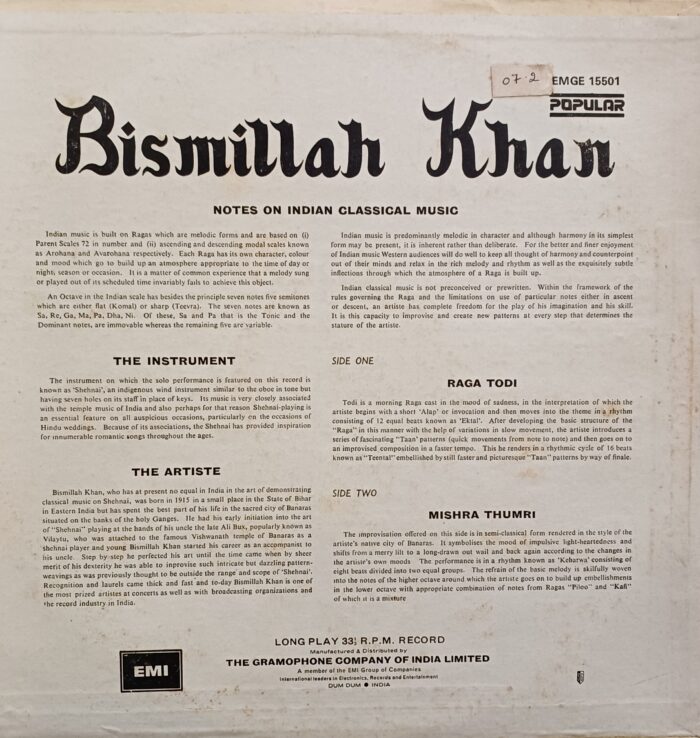 Shehnai-Nawaz Bismillah Khan Of Banaras / Bismillah Khan - Raga Todi . Mishra Thumri - Image 2