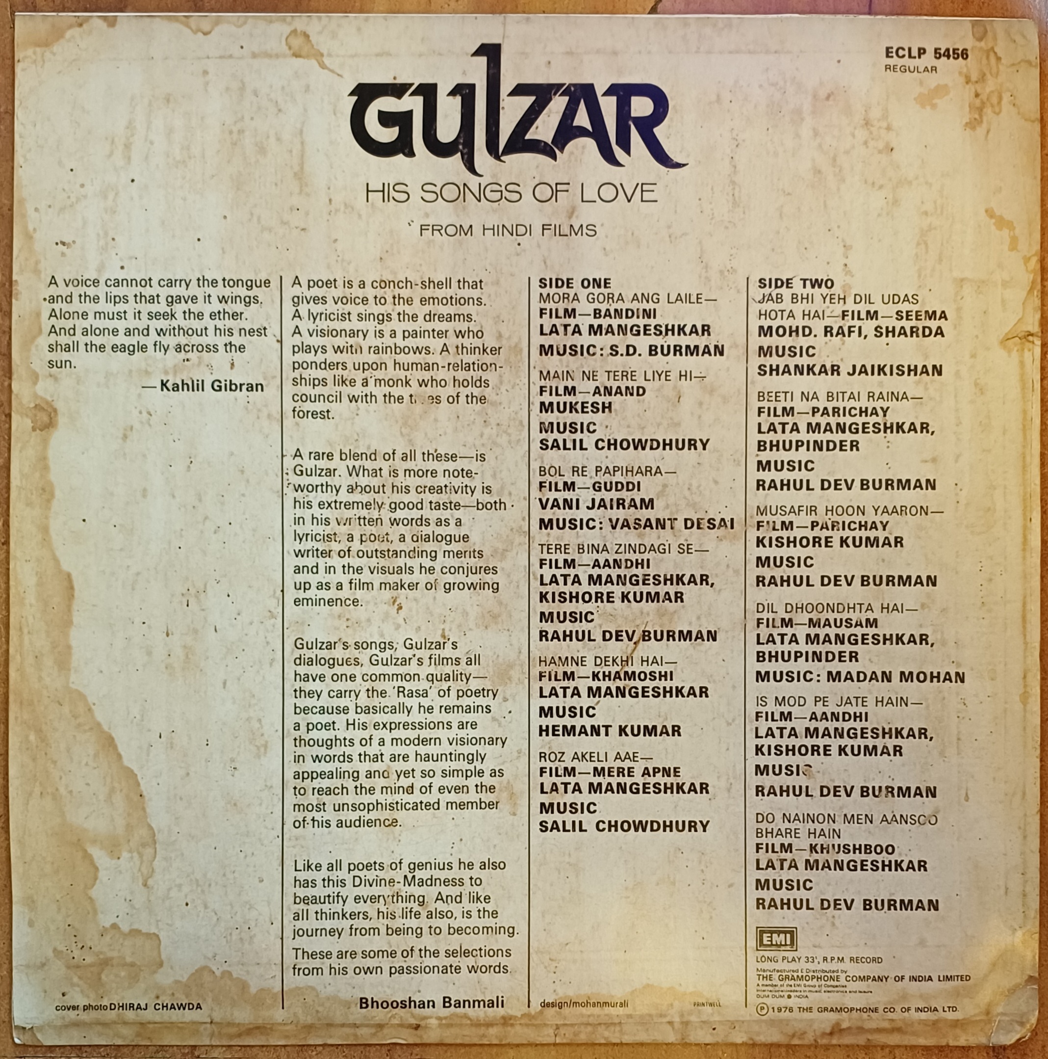 Gulzar Film Hits - Jab Bhi Yeh Dil Udaas - Vinyl LP Record (1976) - Original - Image 2