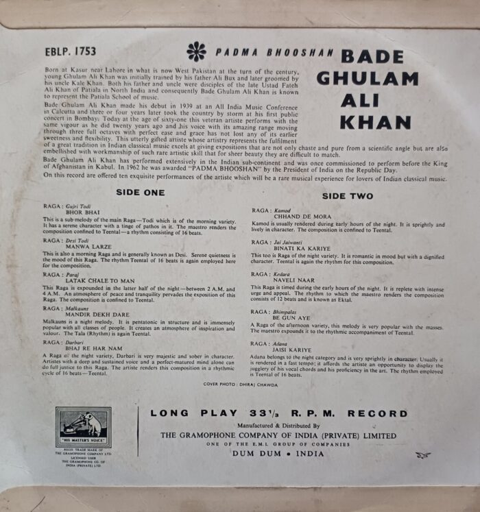 Bade Ghulam Ali Khan - Padma Bhooshan - (10 Inch Lp) - Image 2