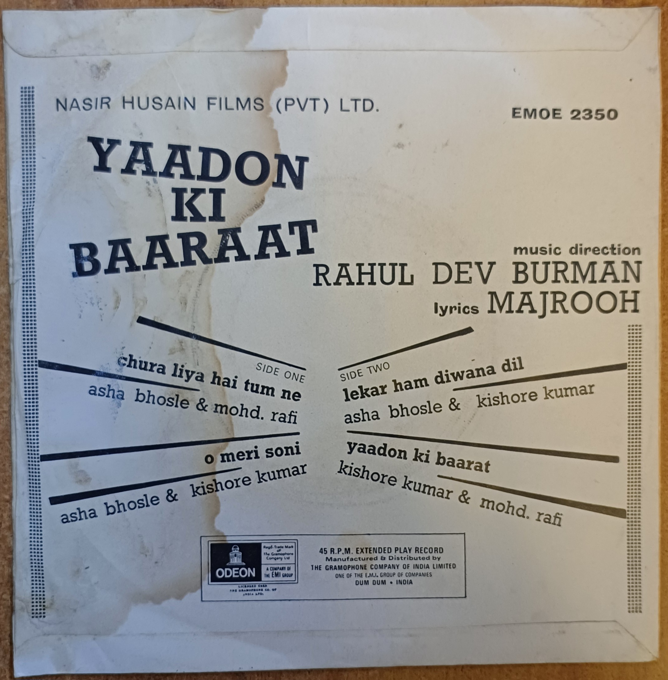 Yaadon Ki Baaraat (RD Burman) Vinyl Record 45Rpm - EP - Image 2