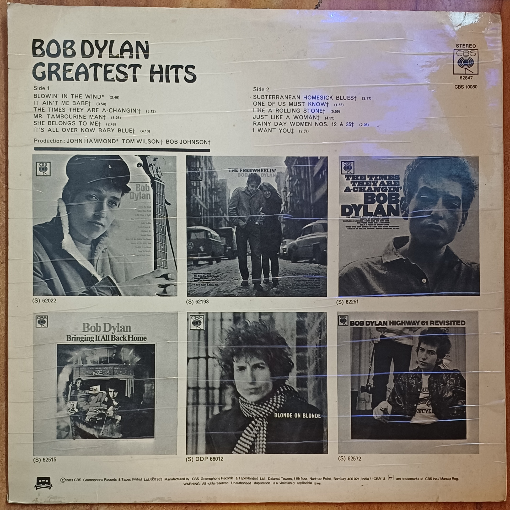 Bob Dylan Greatest Hits - Vinyl Lp Record (1966) - Indian Pressing - Image 2