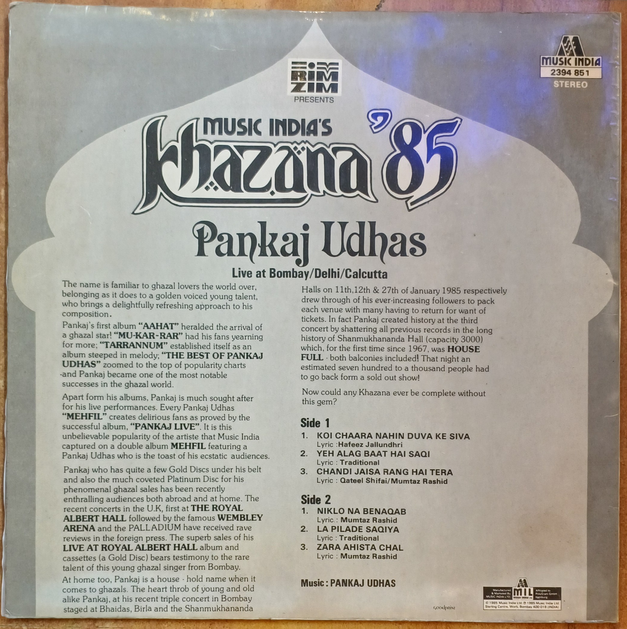 Khazana 85 - (Pankaj Udhas) Vinyl Lp Record (1985) - Image 2
