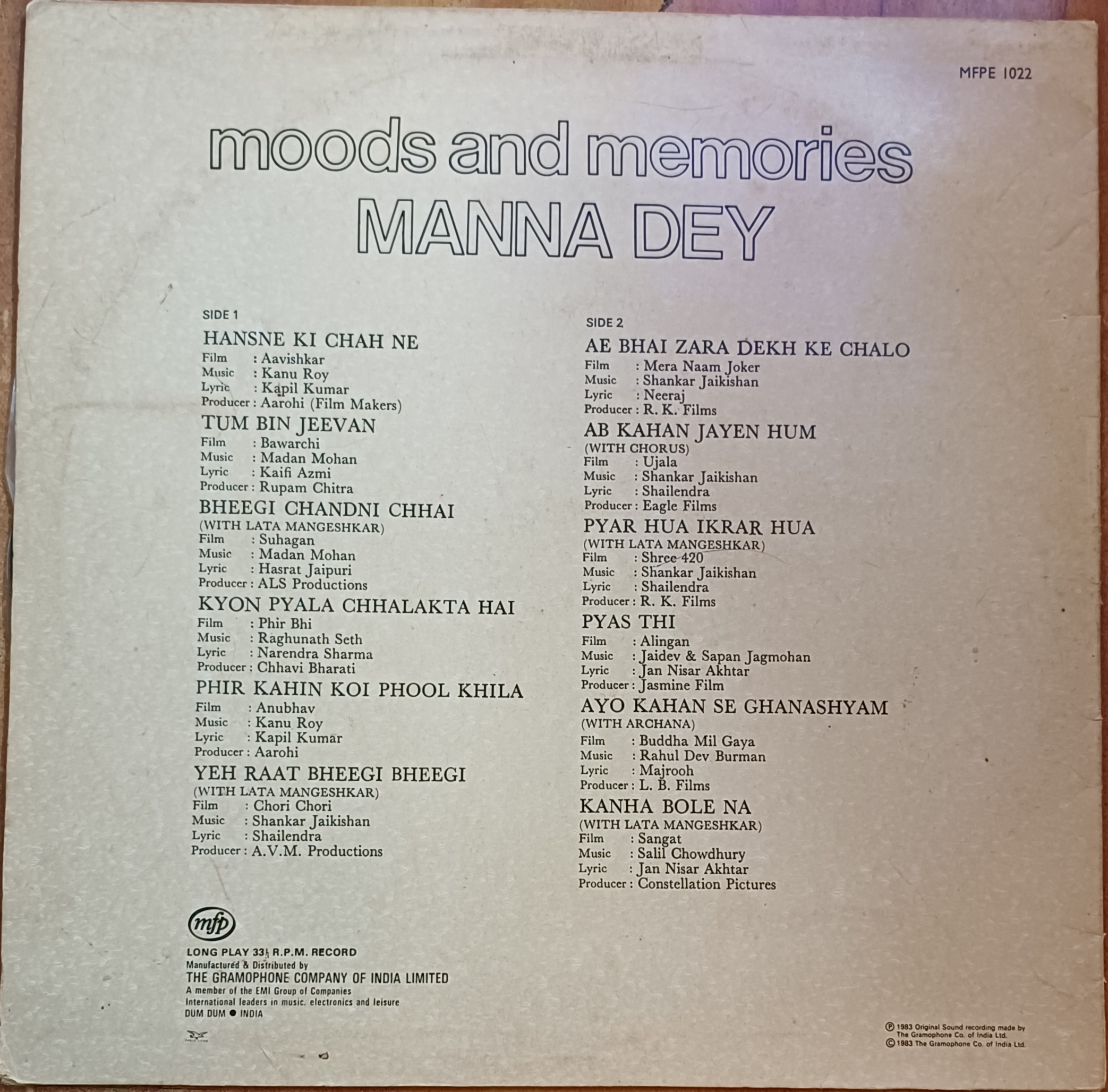 Moods & Memories - Manna Dey (Kanu Roy / Madan Mohan / Shankar Jaikishan) Vinyl Lp Record (1983) - Image 2